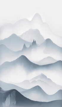 水墨風(fēng)格云霧繚繞山巒圖