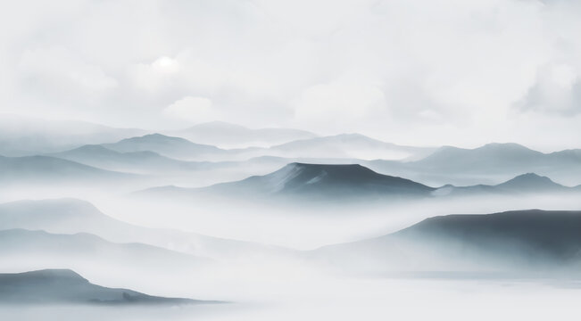 水墨風(fēng)格云霧繚繞山巒圖