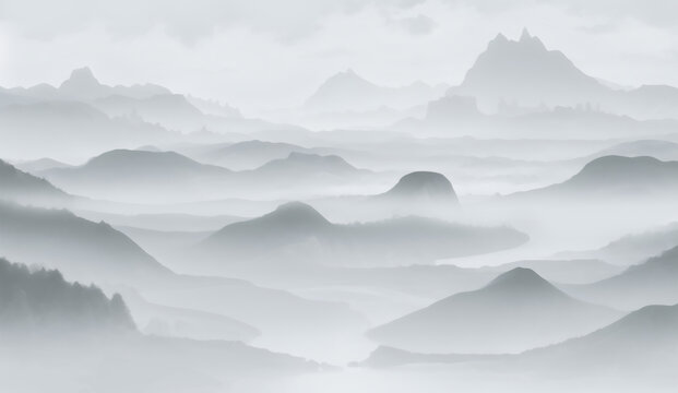 水墨意境山巒云霧圖
