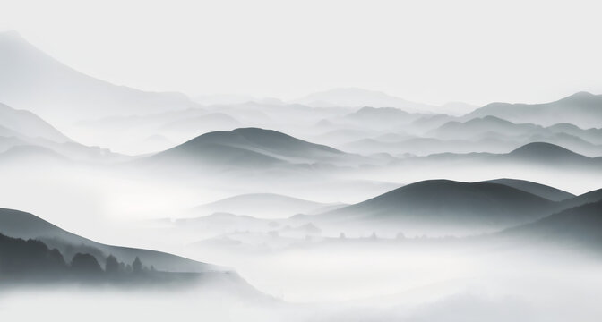 水墨意境連綿山巒圖