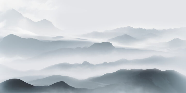 水墨意境山巒云霧景觀