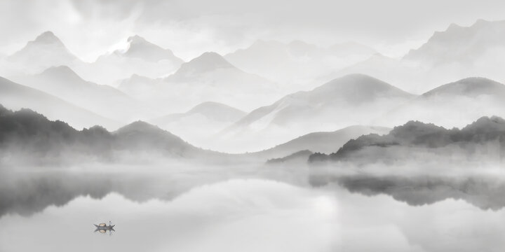 水墨山水間的孤舟逸景