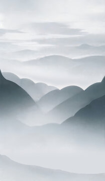 水墨意境山巒云霧圖