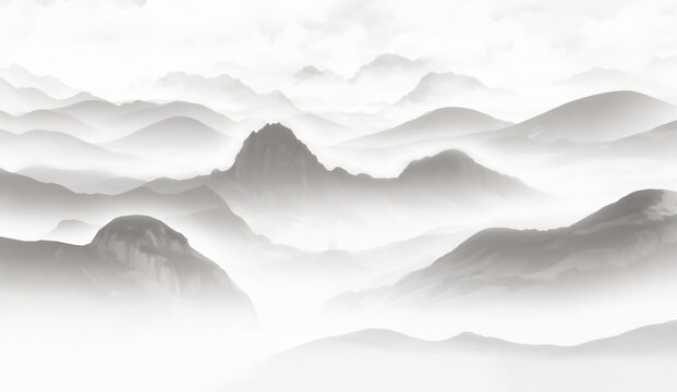 水墨意境連綿山巒圖