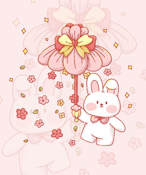 可愛小兔撐花傘夢(mèng)幻插畫