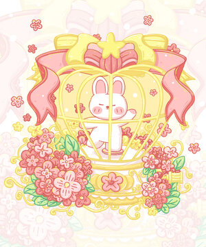 籠中萌兔與爛漫花卉插畫
