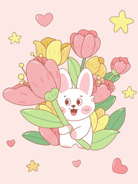 可愛小兔與繽紛郁金香花朵插畫