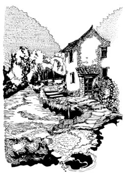 古鎮(zhèn)古村大山里村莊建筑水鄉(xiāng)手繪線稿