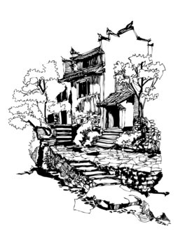 古鎮(zhèn)古村徽派水鄉(xiāng)民居手繪線稿