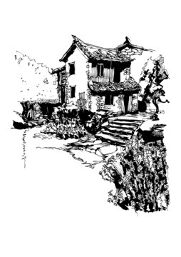 古鎮(zhèn)古村民居石頭房子手繪線稿