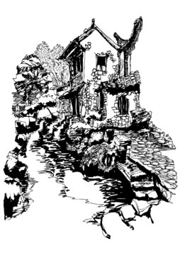 古鎮(zhèn)古村建筑水鄉(xiāng)手繪線稿