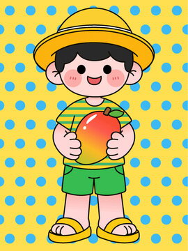手持芒果的可愛小男孩