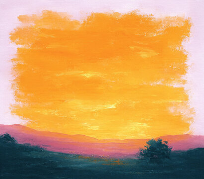 夕陽下的山巒油畫插圖