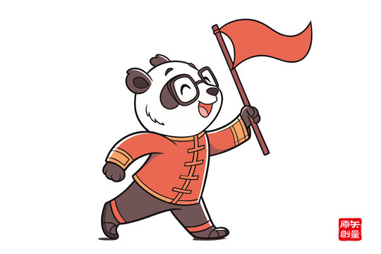 扛紅旗的可愛熊貓形象