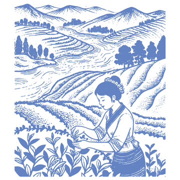 少數(shù)民族女子茶園采茶圖