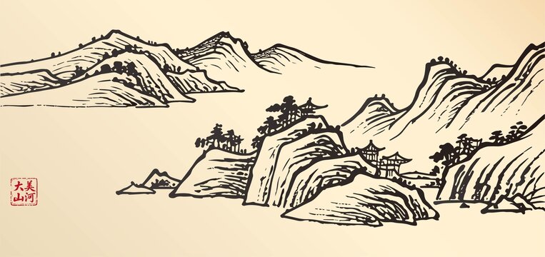 水墨勾勒的中式山水圖景
