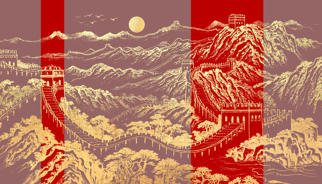 中式萬里長城山水畫背景壁畫