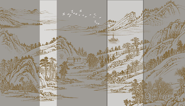新中式刺繡山水畫背景壁畫