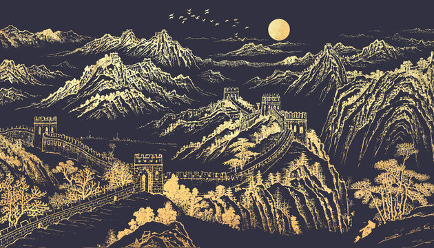中式金線刺繡萬里長城山水畫背景