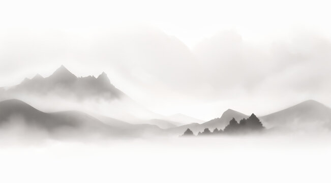 水墨意境云霧繚繞山巒圖