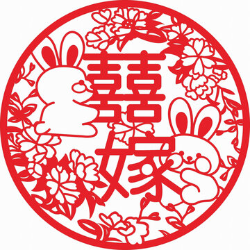 兔元素婚嫁剪紙風圖案