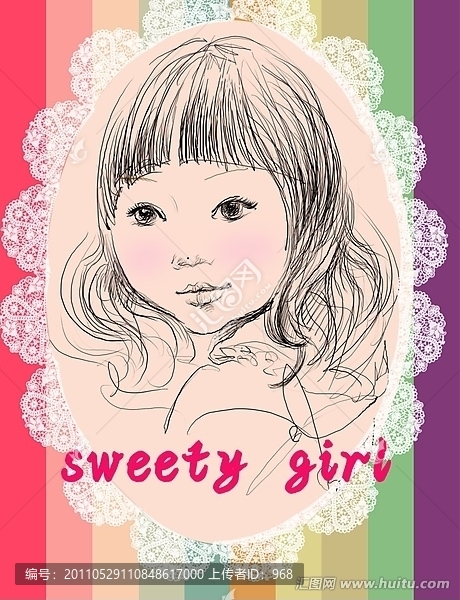 甜美女孩素描手繪插畫