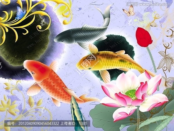 無框畫,鯉魚,荷花