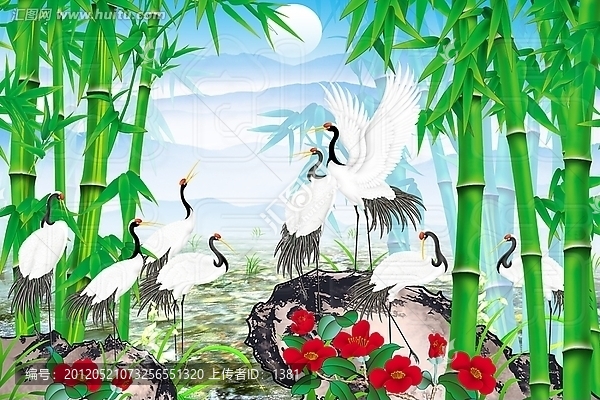 鶴,丹頂鶴,竹林,風(fēng)景畫