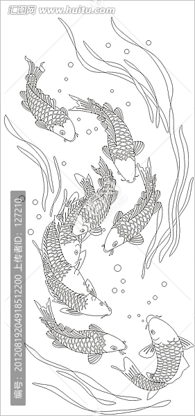 矢量圖雕刻圖線條圖,九魚(yú)圖,鯉魚(yú)