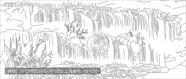 矢量圖線條圖雕刻圖,山水畫瀑布