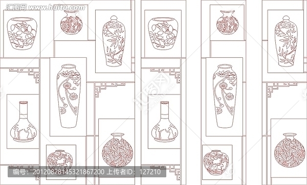 玻璃雕刻圖矢量圖線條圖,博古架,花瓶裝飾