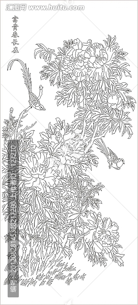 玻璃雕刻圖矢量圖線條圖,富貴春常在,牡丹,小鳥