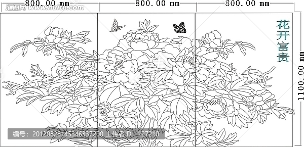 玻璃雕刻圖矢量圖線條圖,花開富貴