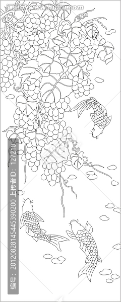 玻璃雕刻圖矢量圖線條圖,葡萄,鯉魚(yú)