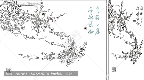 藝術(shù)玻璃雕刻圖矢量圖線條圖,橫幅豎幅梅花圖
