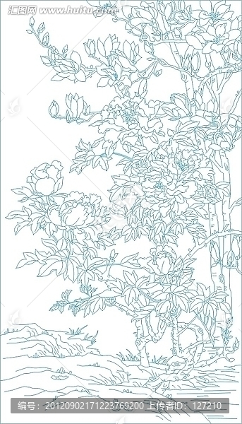藝術(shù)玻璃雕刻圖線條圖矢量圖,玉蘭牡丹