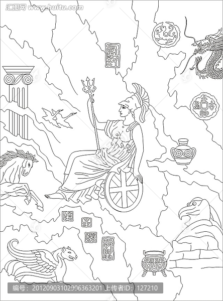 藝術(shù)玻璃雕刻圖矢量圖線條圖,文明古國
