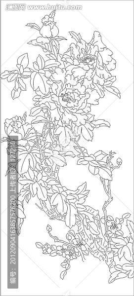 玻璃文化藝術(shù)玻璃雕刻圖矢量圖線條圖,牡丹花