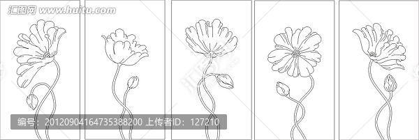 玻璃文化藝術(shù)玻璃雕刻圖矢量圖線條圖,五連幅,花朵裝飾畫