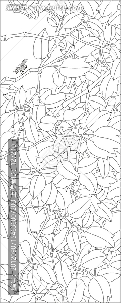 藝術(shù)玻璃雕刻圖矢量圖線條圖,綠蔭,枝葉,螞蚱