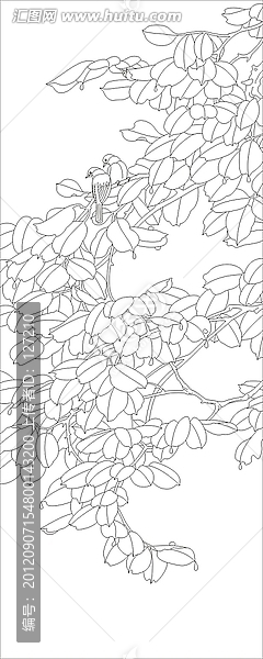藝術(shù)玻璃雕刻圖矢量圖線條圖,聽雨,花鳥