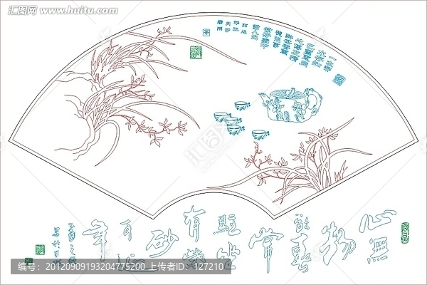 藝術(shù)玻璃雕刻圖矢量圖線條圖,茶道,蘭花