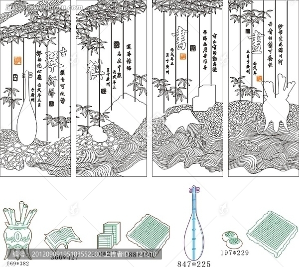 藝術玻璃雕刻圖矢量圖線條圖,琴棋書畫,水切割