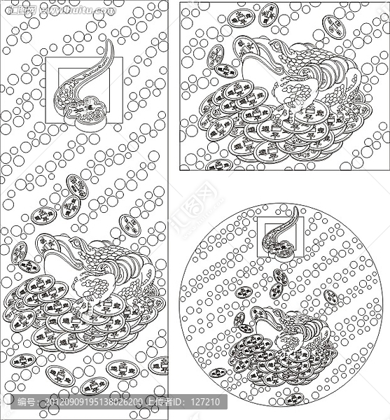 藝術(shù)玻璃雕刻圖矢量圖線條圖,如意金蟾