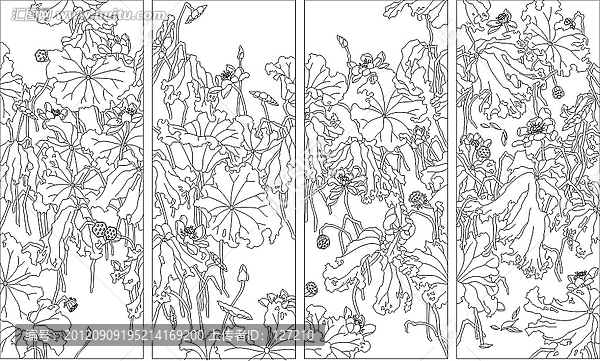 藝術(shù)玻璃雕刻圖矢量圖線條圖,四季荷戀荷花