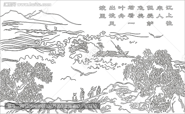 藝術(shù)玻璃雕刻圖矢量圖線條圖,江上漁者,范仲淹