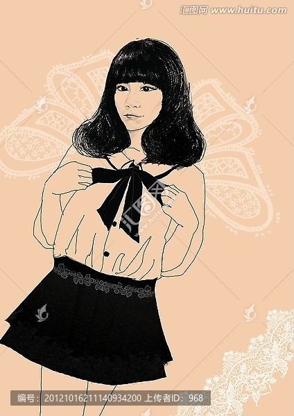 娃娃頭可愛女孩素描手繪插畫