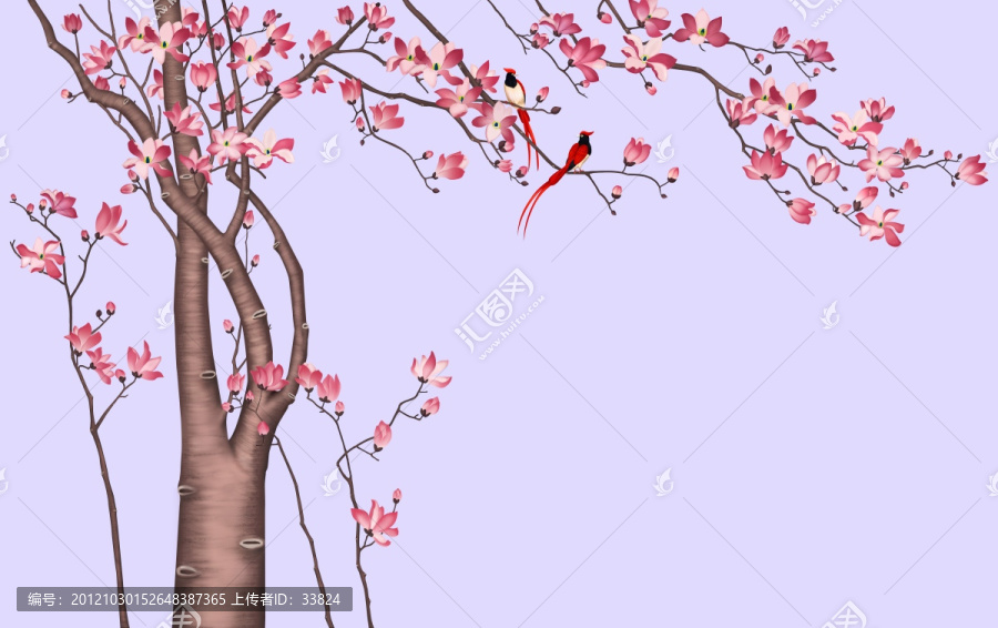 紫玉蘭花和紅色小鳥