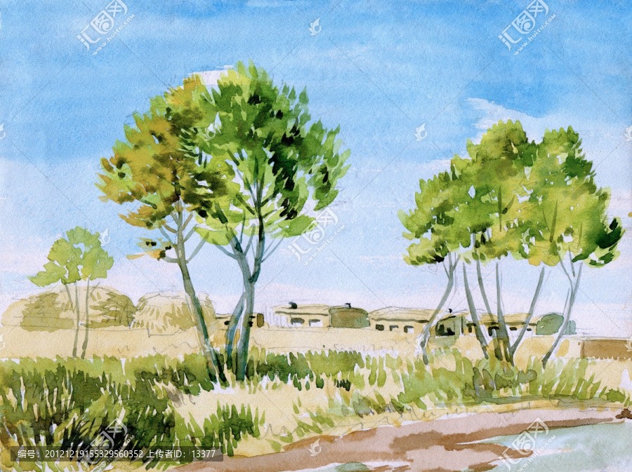 河邊樹木,水彩畫,高清大圖