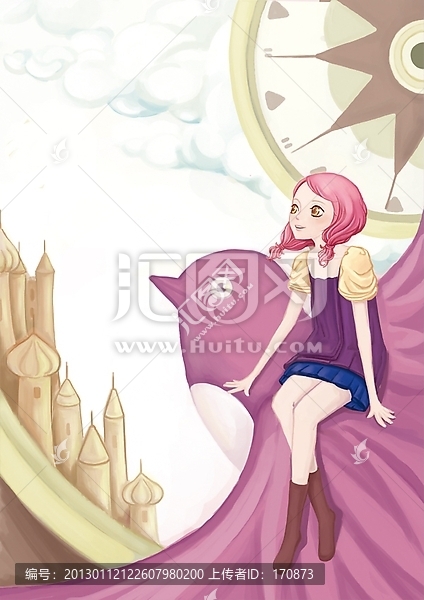 乘鳥飛翔的少女插畫設(shè)計(jì)
